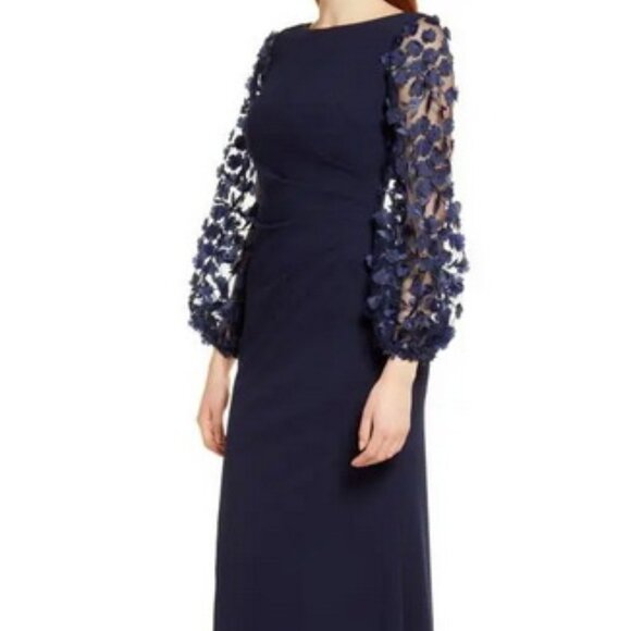Eliza J Navy Blue Floral Applique Long Sleeve Trumpet Gown - Picture 5 of 6